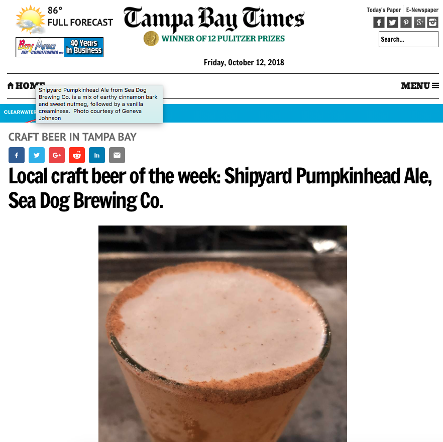 CLIENT NEWS: Shipyard Pumpkinhead Ale is Tampa Bay Times’ Featured Beer of the Week