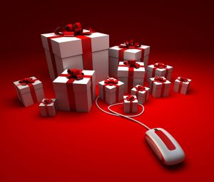 presents on red background with computer mouse holiday presents
