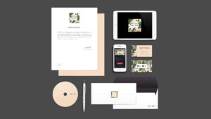 An overhead mockup of branding development of MIMI