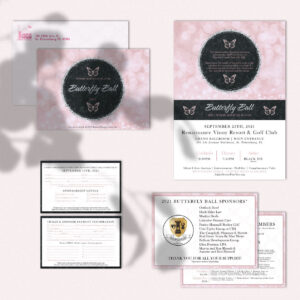 Invitation suite for Alpha House of Pinellas County's Butterfly Ball on a pink background with a leaf shadow.