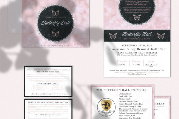 Invitation suite for Alpha House of Pinellas County's Butterfly Ball on a pink background with a leaf shadow.
