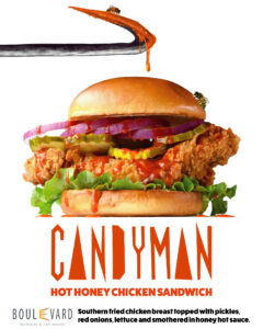 Candyman Promotion Photo, Crispy chicken sandwhich with pickles, hot honey, lettuce, and onions!